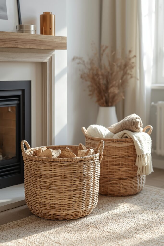 décoration hygge - panier osier rangement bois et couvertures salon cosy