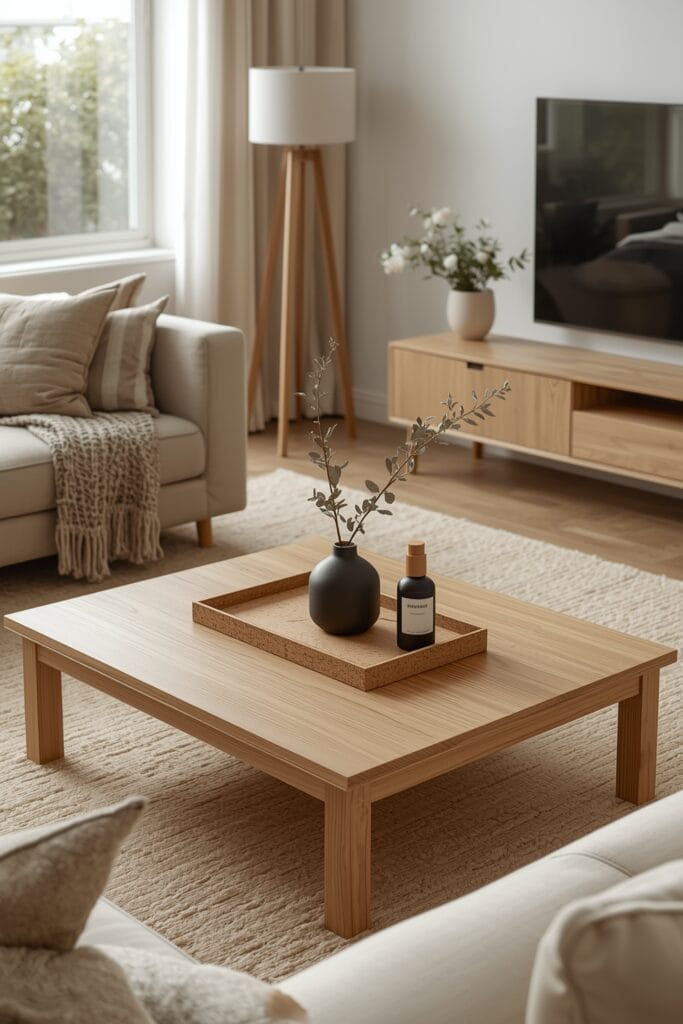 décoration hygge - salon entier avec table basse épurée et ambiance naturelle