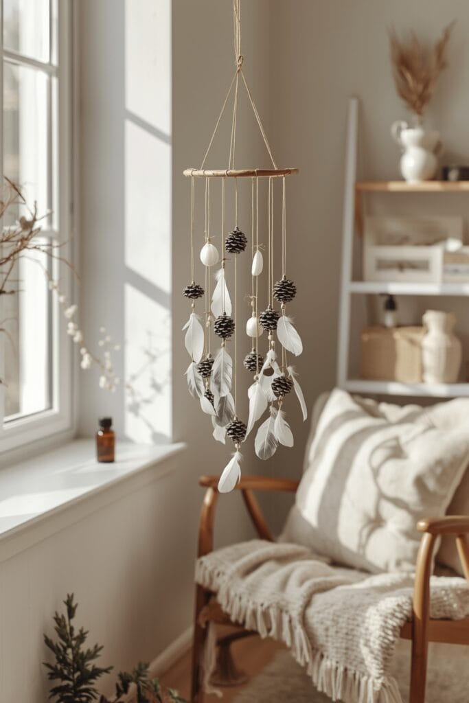 décoration hygge - mobile naturel fait main suspendu dans un coin détente