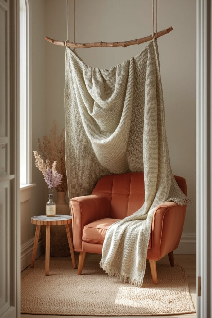 décoration hygge - couverture suspendue à une branche naturelle coin détente