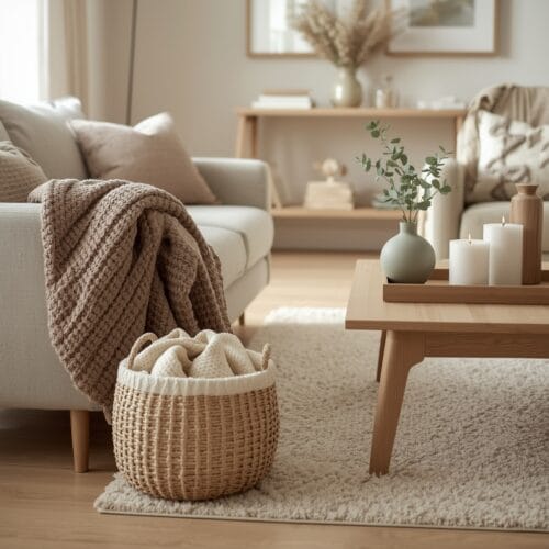 décoration hygge - Intérieur cosy neuf avec plaid, bougies, panier osier et plantes