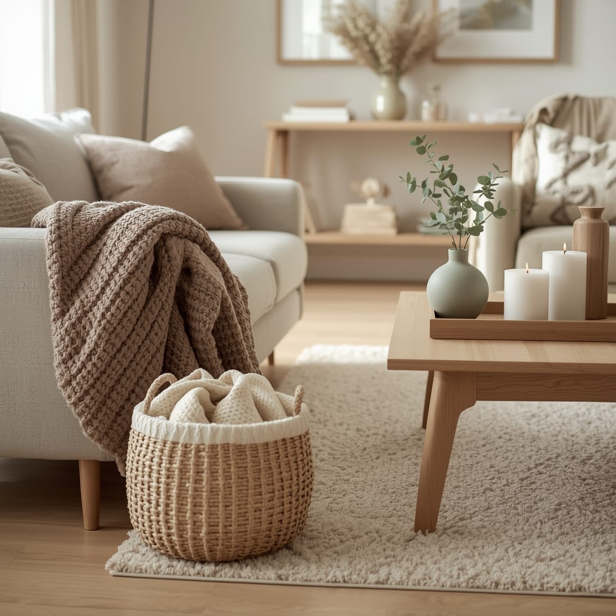 décoration hygge - Intérieur cosy neuf avec plaid, bougies, panier osier et plantes
