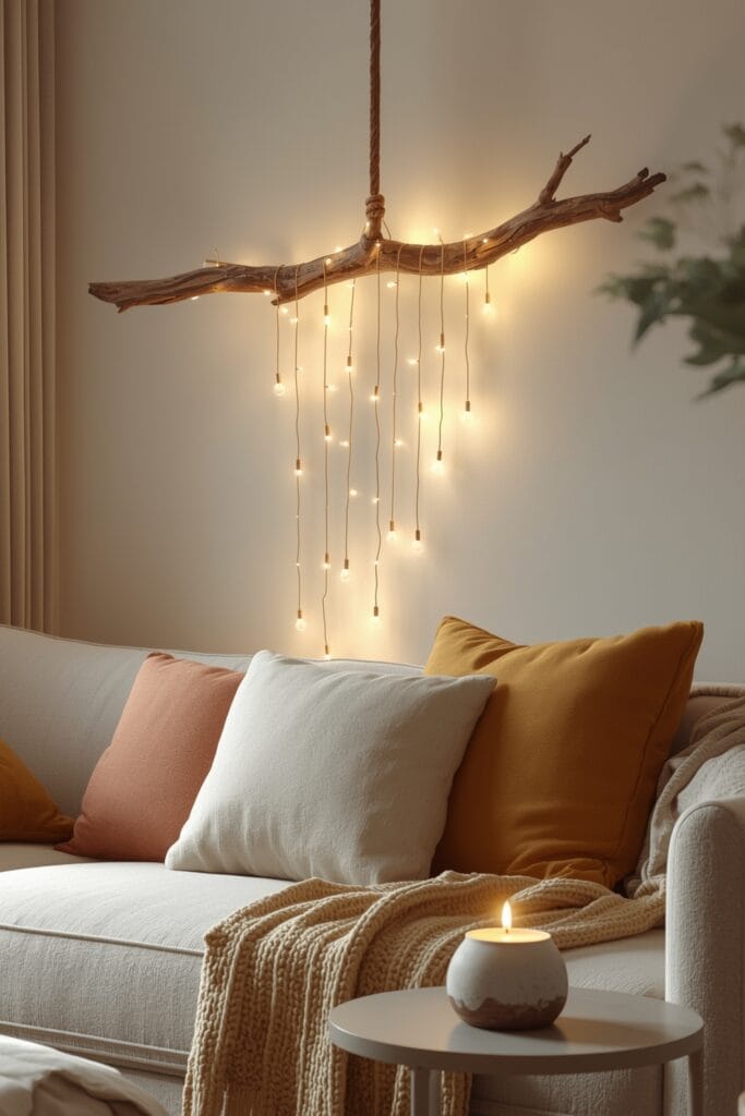 Décoration lumineuse avec suspension de branche naturelle et guirlande dorée au-dessus d'un canapé moderne et cosy