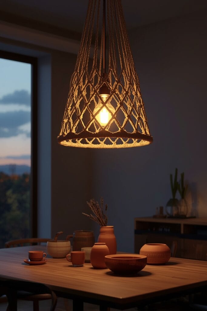 Décoration lumineuse avec suspension macramé en début de soirée au-dessus d'une table à manger