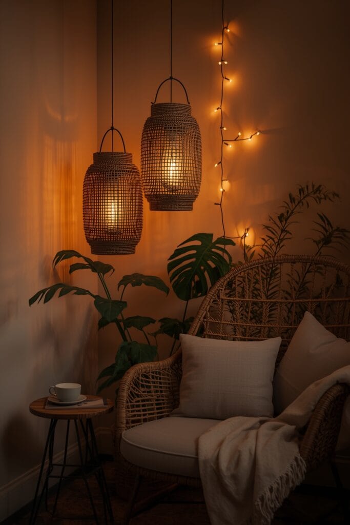 Décoration lumineuse équilibrée avec lanternes rotin et guirlandes LED dans un jardin d'hiver cosy