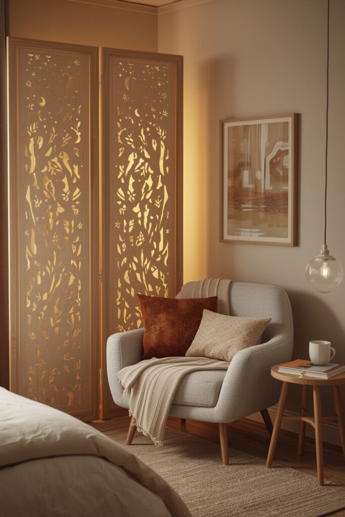 Décoration lumineuse avec paravent perforé à motifs naturels et lumières LED dans une chambre cosy