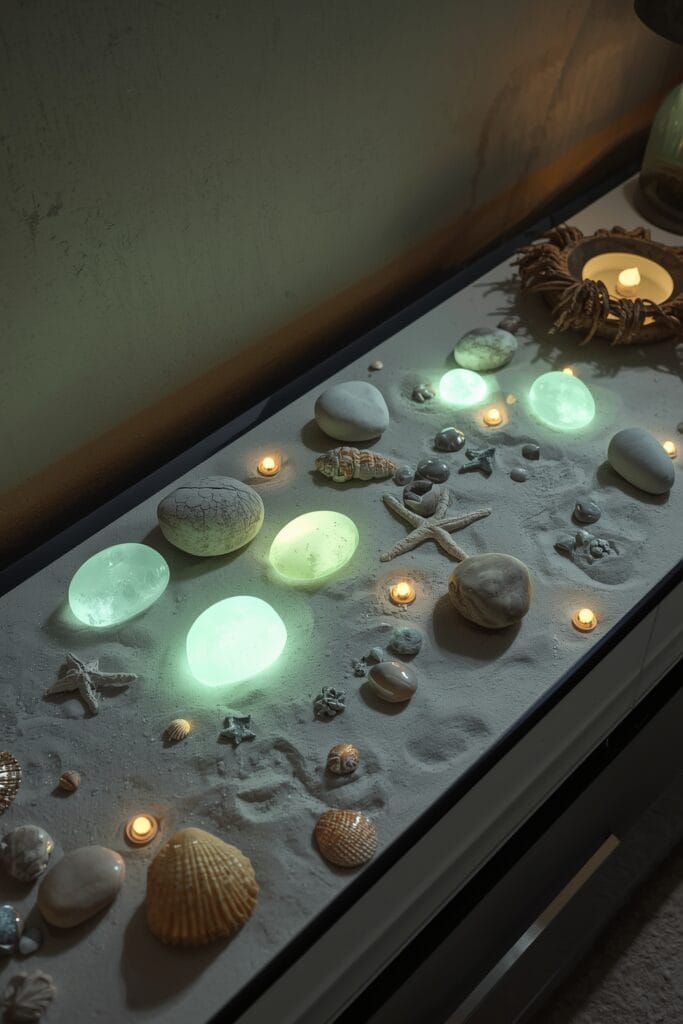 Décoration lumineuse avec galets luminescents et coquillages sur table moderne