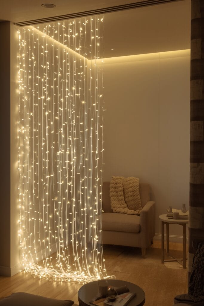 Décoration lumineuse avec rideau de fibres optiques délicat délimitant un coin cocooning dans un salon