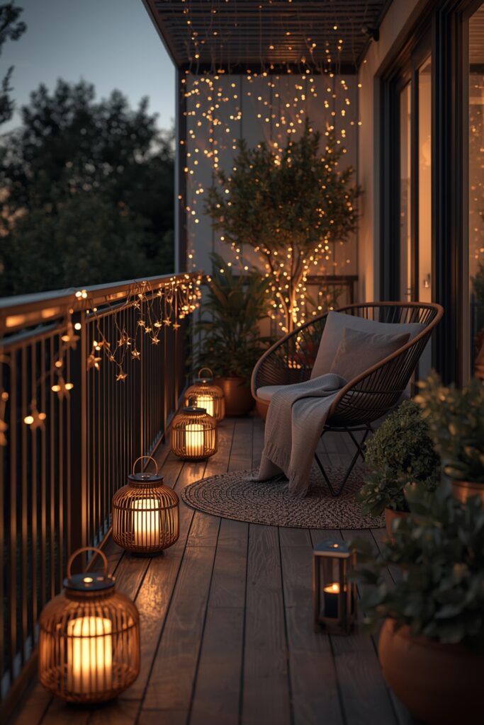 Décoration lumineuse avec chemin de lampions solaires sur un balcon cosy et moderne
