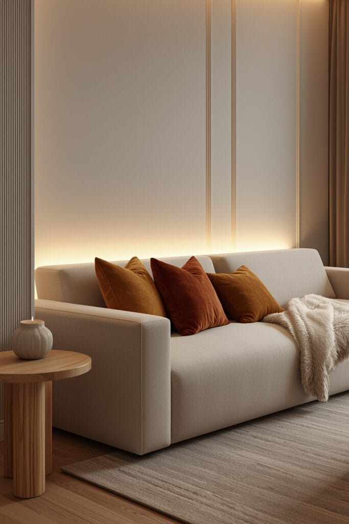 Décoration lumineuse avec canapé moderne enveloppé de lumière LED intégrée et ambiance cosy