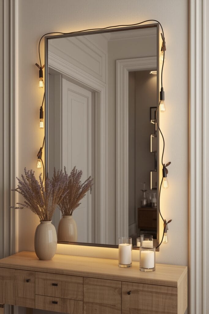 Décoration lumineuse avec miroir entouré de guirlande à ampoules vintage et bouquet de lavande