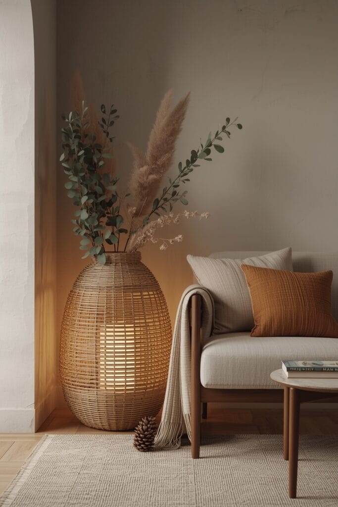 Décoration lumineuse avec panier en rotin cachant une lampe et éléments naturels pour un coin cosy