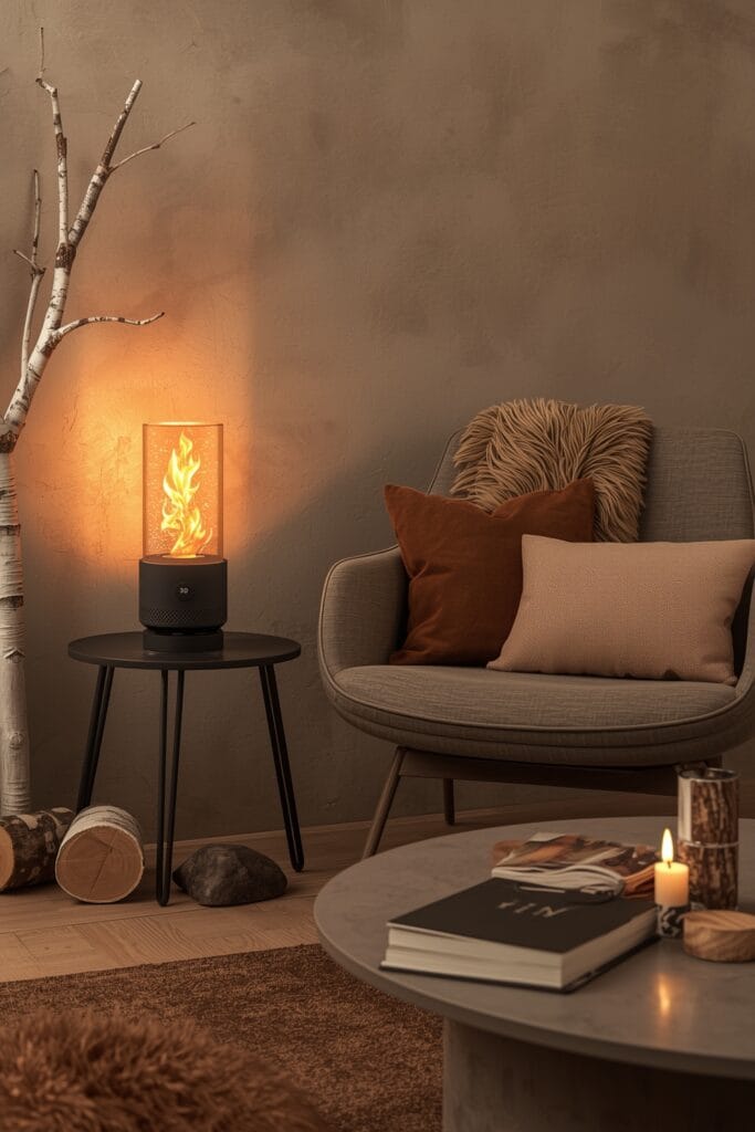 Décoration lumineuse avec effet flamme électrique pour un coin lecture chaleureux et cosy