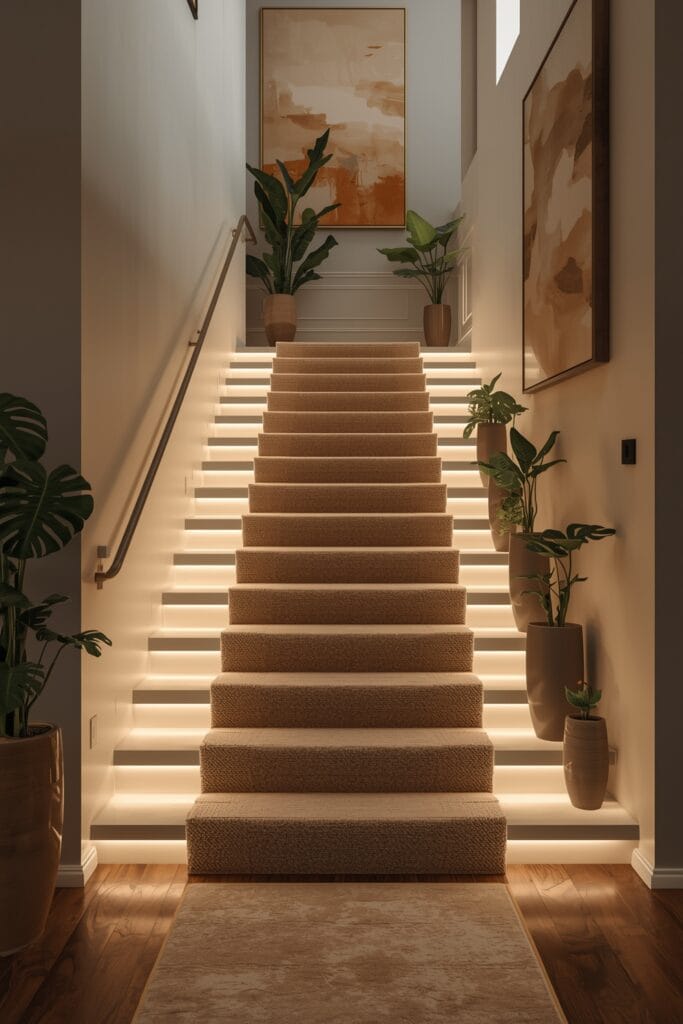 Décoration lumineuse avec escalier contemporain aux marches illuminées et ambiance cosy