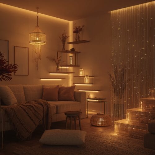 Décoration lumineuse cosy avec multiples sources de lumières douces intégrées dans un intérieur moderne et chaleureux