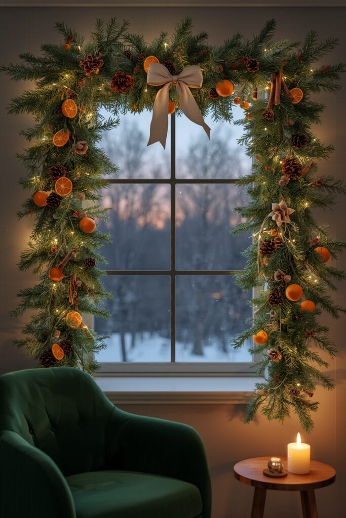 Decoration Noel : guirlande naturelle de Noël avec oranges séchées et cannelle sur une fenêtre