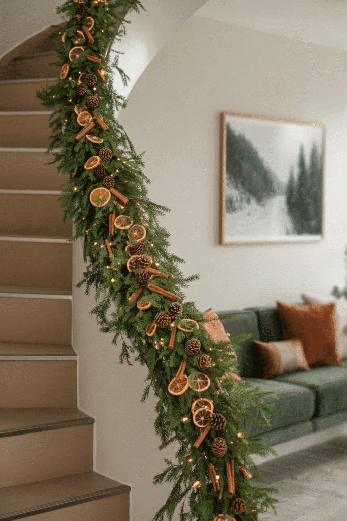 Decoration Noel : guirlande naturelle illuminée sur une rampe d'escalier moderne