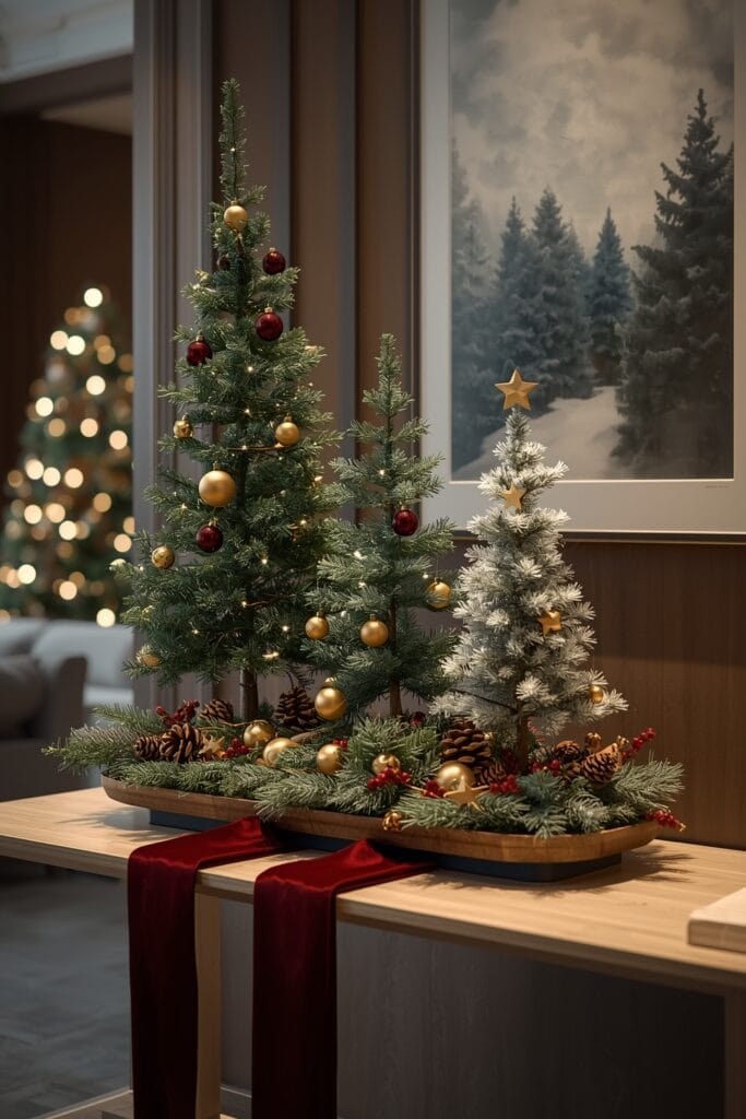 Decoration Noel : mini-forêt de sapins décoratifs avec guirlandes lumineuses