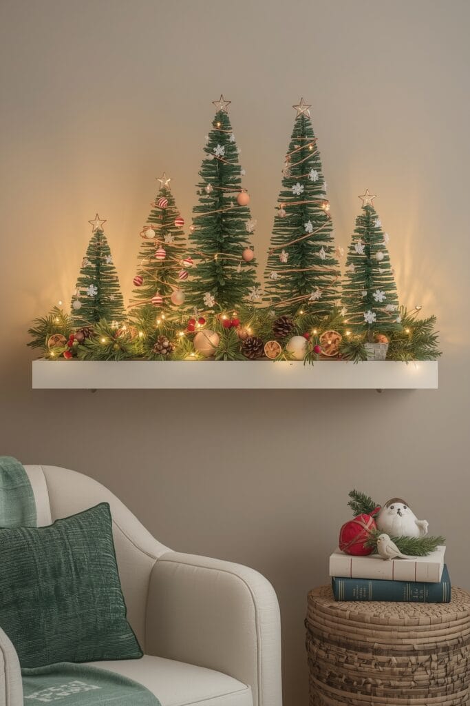 Decoration Noel : mini-sapins décoratifs dans un coin lecture cosy