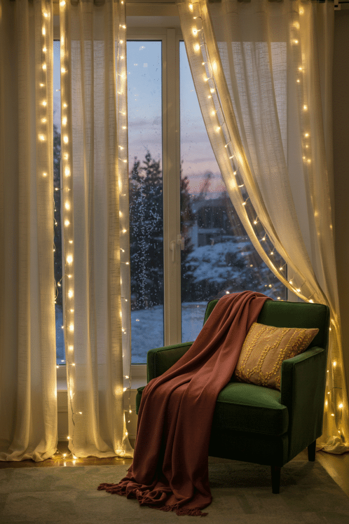 Decoration Noel : rideaux illuminés avec guirlandes lumineuses dans un salon cosy