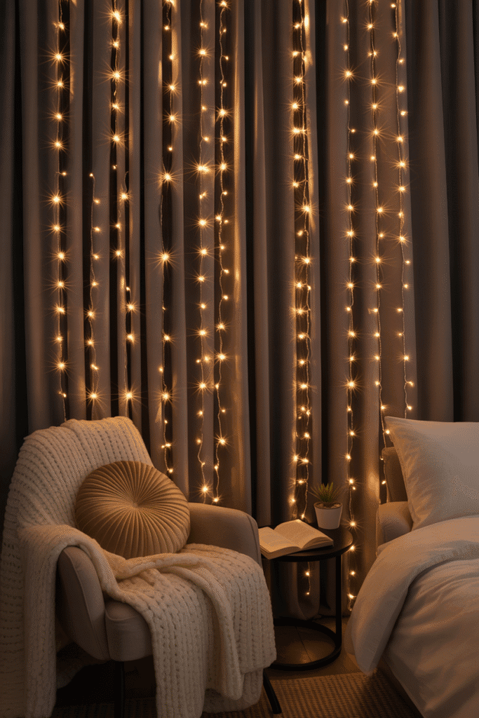 Decoration Noel : rideaux scintillants avec guirlandes dans une chambre