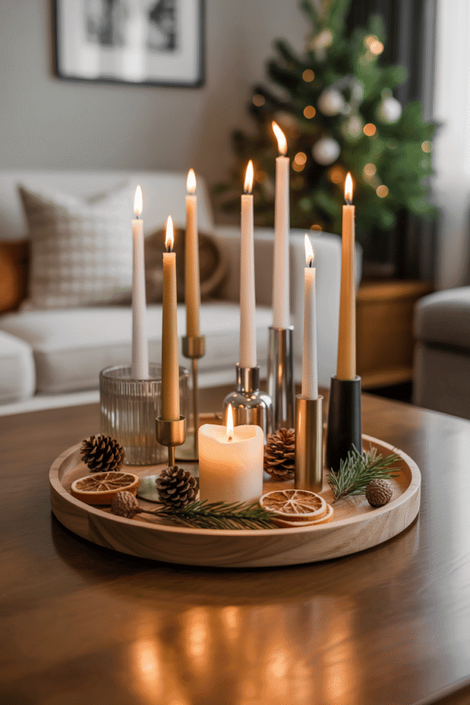 Decoration Noel : composition de bougies décoratives sur table basse avec éléments naturels