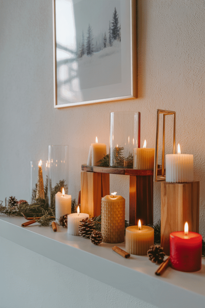 Decoration Noel : étagère décorative avec bougies et photophores pour ambiance cosy