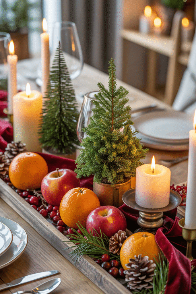 Decoration Noel : centre de table de Noël gourmand avec fruits et bougies