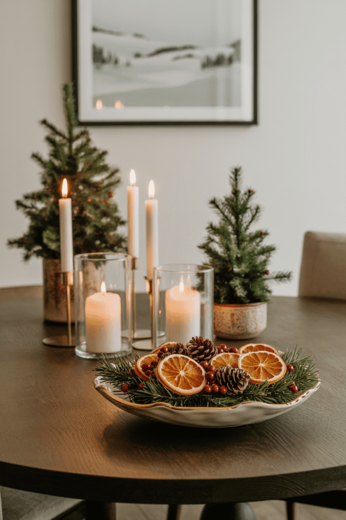Decoration Noel : centre de table élégant avec oranges séchées, bougies et sapins miniatures