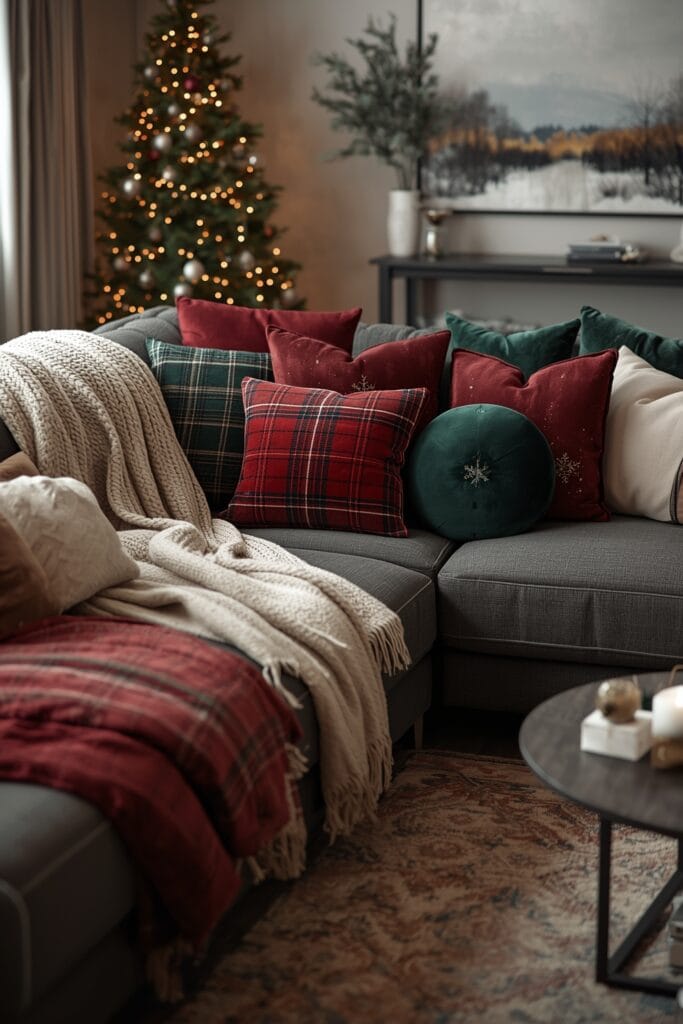 Decoration Noel : arrangement de plaids et coussins sur canapé moderne pour salon cosy