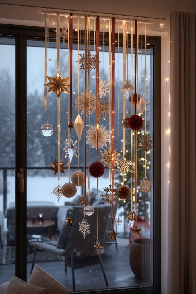 Decoration Noel : décorations suspendues à une fenêtre avec guirlandes lumineuses