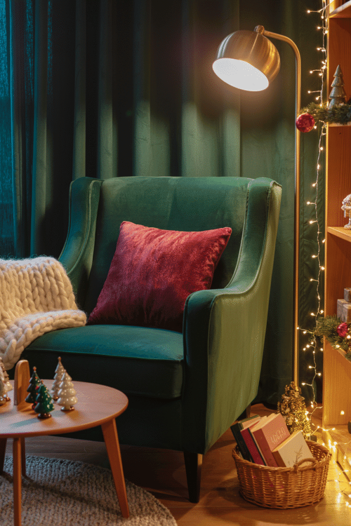 Decoration Noel : coin lecture cosy avec fauteuil, plaids et décorations festives