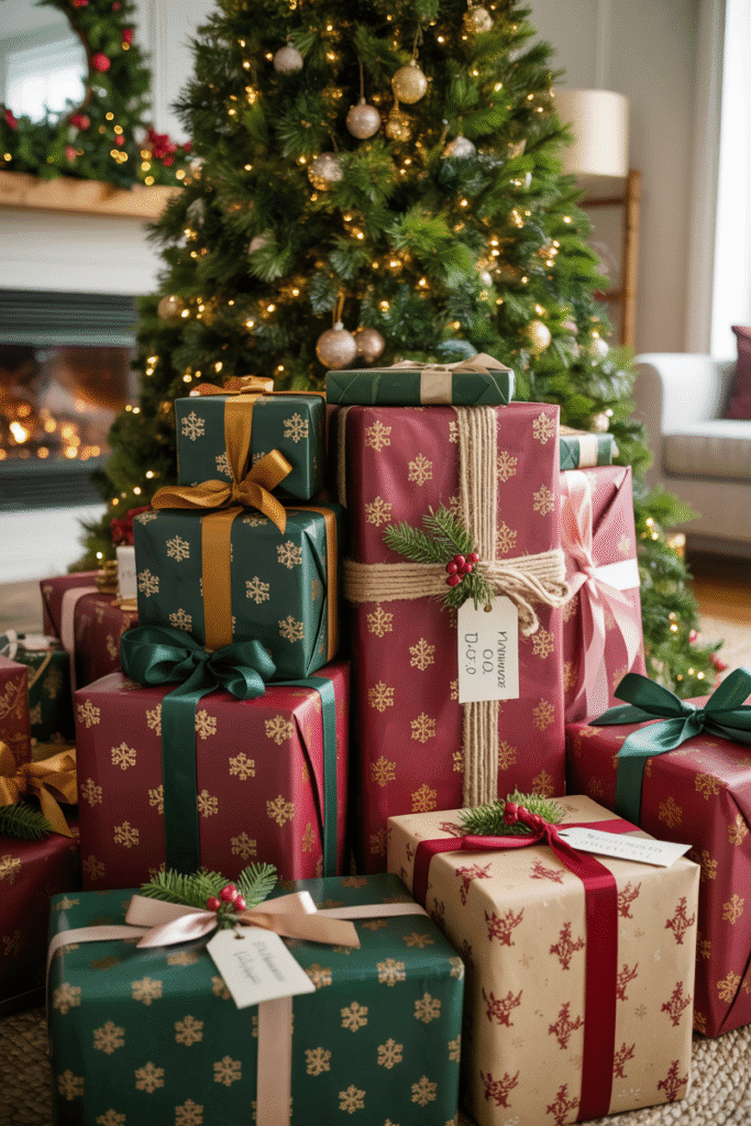 Decoration Noel : cadeaux décoratifs emballés avec soin sous le sapin de Noël
