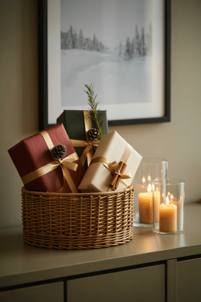 Decoration Noel : panier de cadeaux décoratifs avec éléments naturels et bougies