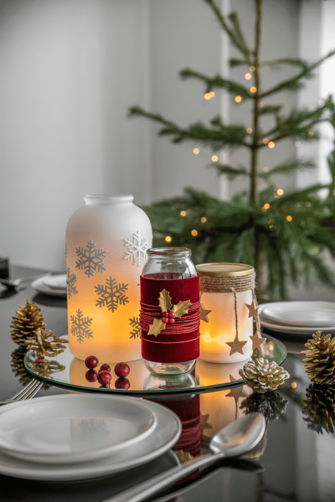 Decoration Noel : centre de table avec photophores DIY sur plateau miroir