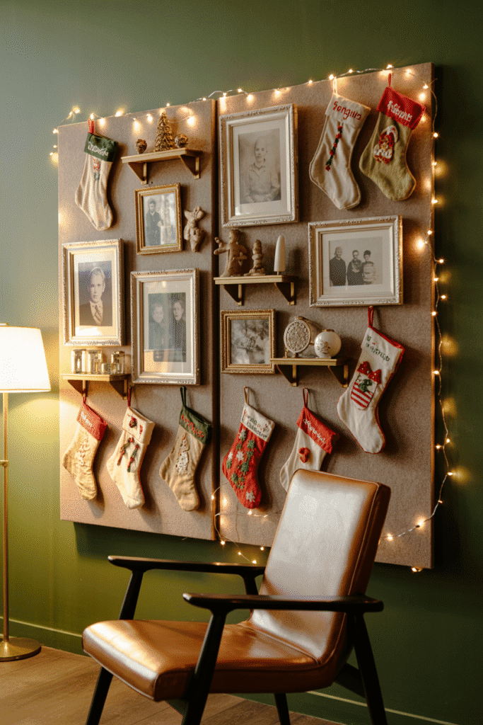 Decoration Noel : panneau de souvenirs de Noël avec lettres et décorations vintage