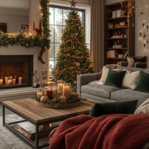 Decoration Noel : un salon moderne et cosy avec sapin décoré, guirlandes naturelles, bougies parfumées et textiles doux pour une ambiance de fête chaleureuse