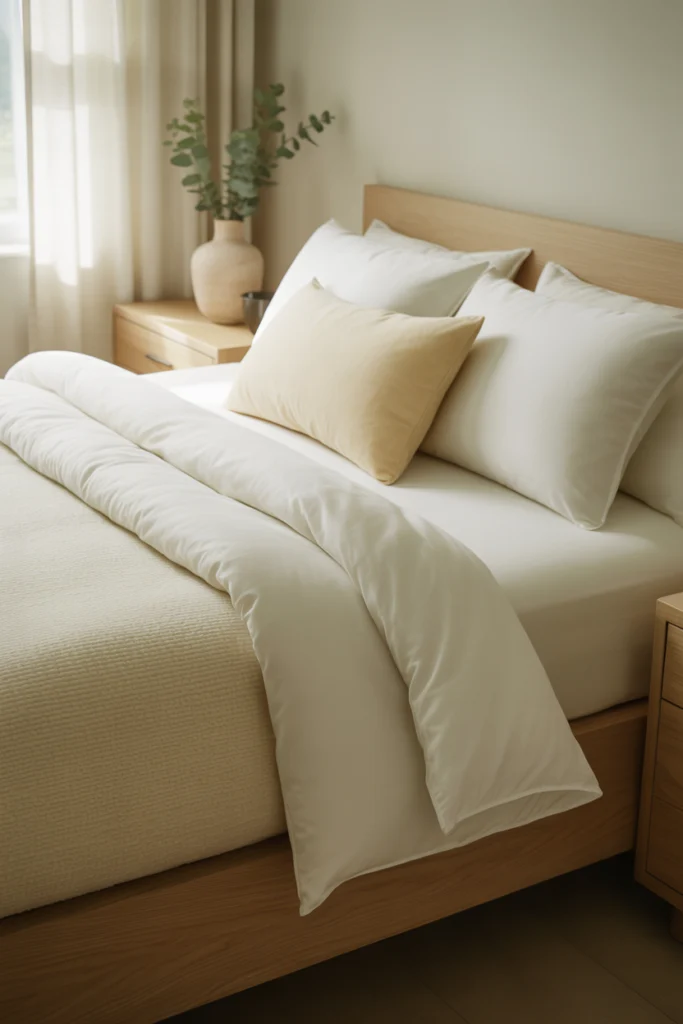 Vue complète d'un lit cocooning avec matelas, tête de lit, oreillers en duvet et latex, couette en duvet d'oie et surmatelas en laine.