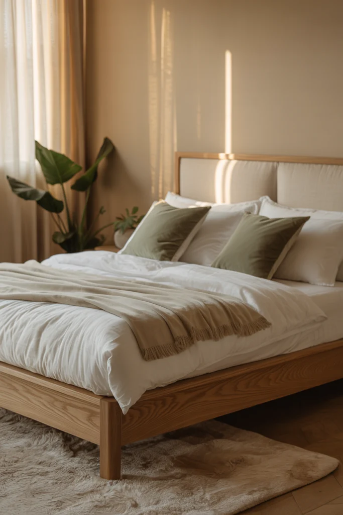 Lit cocooning avec cadre en bois massif et tête de lit rembourrée en lin beige