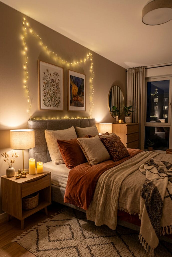 Guirlande lumineuse dorée bougies LED lit cocooning ambiance féerique et magique