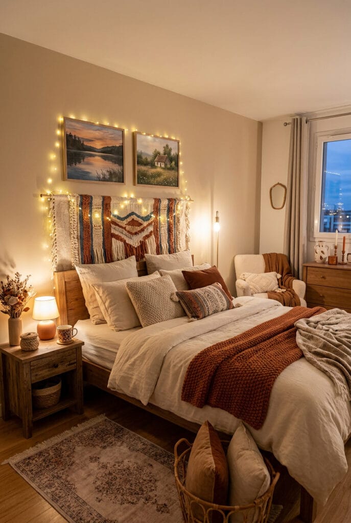 Tête de lit personnalisée tapis suspendu pinces décoratives guirlande lumineuse lit cocooning féerique
