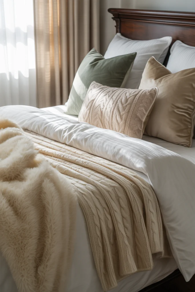 Superposition de textures cocooning : drap en coton, couverture en cachemire, plaid en fausse fourrure et coussins en velours