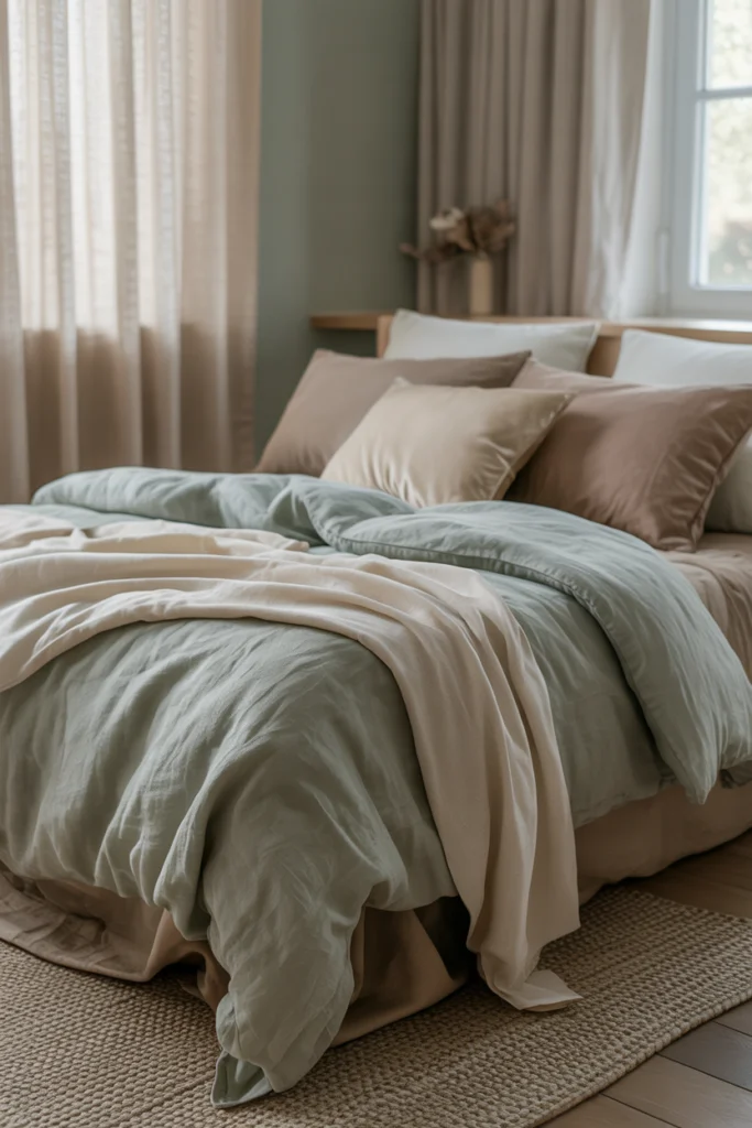 Parure de lit cocooning en lin lavé vert sauge, jeté de lit crème et coussins assortis