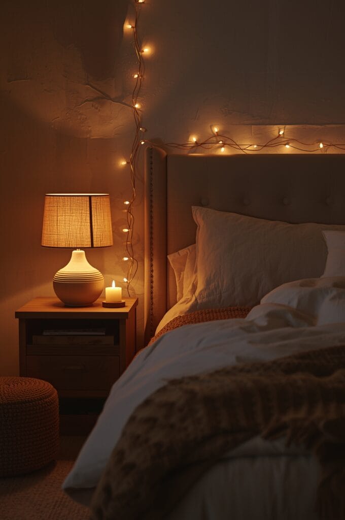 Ambiance cocooning avec éclairage tamisé : lampe céramique, guirlande lumineuse et bougie LED autour d'un lit