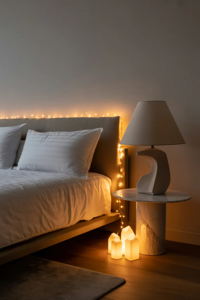 Ambiance cocooning moderne avec éclairage tamisé : lampe design, guirlande verticale et bougies LED élégantes