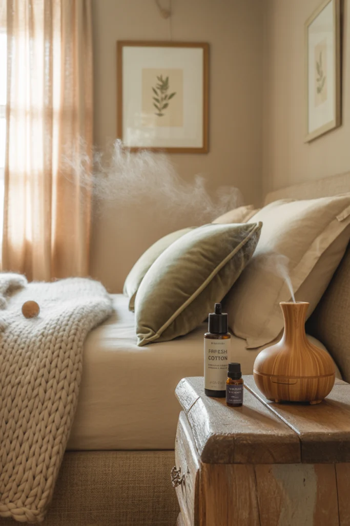 Ambiance cocooning avec diffuseur bambou, huile essentielle lavande et spray d'oreiller pour une chambre parfumée