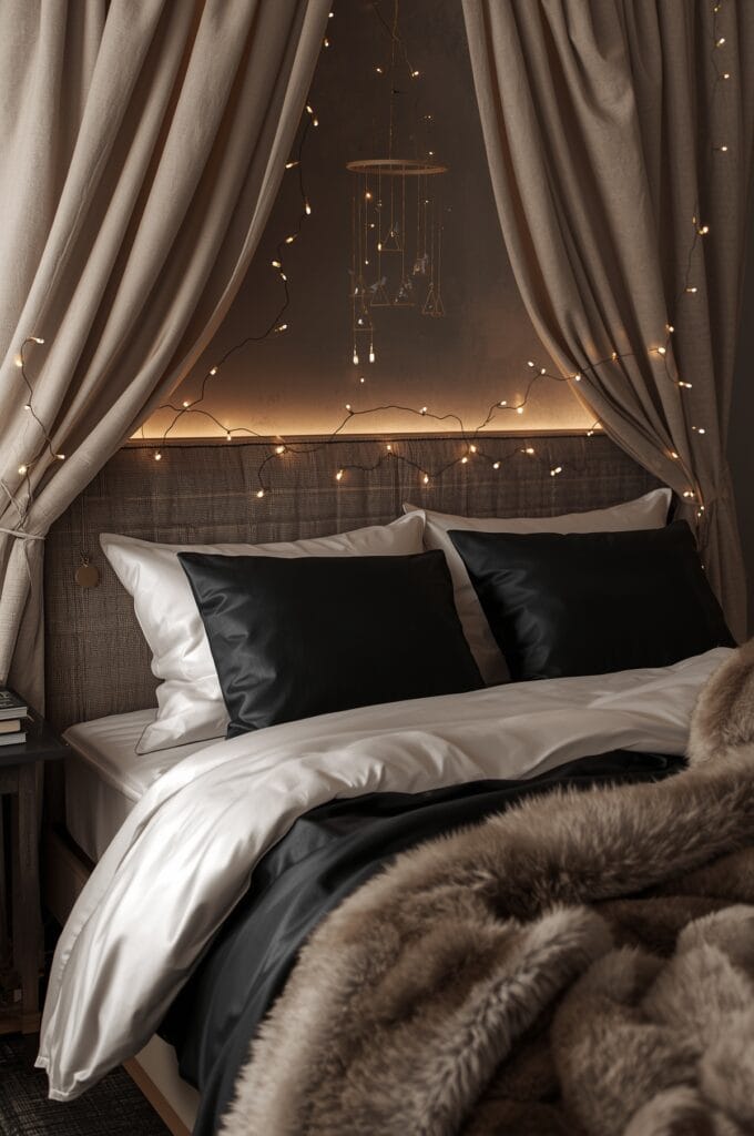 Tête de lit personnalisée avec couverture suspendue, pinces décoratives et guirlande lumineuse style moderne