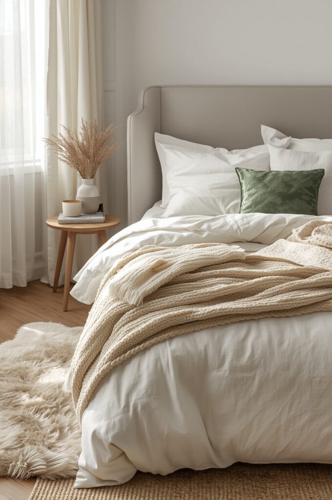 Lit cocooning avec tête de lit rembourrée, literie en lin, plaids doux et coussins en velours dans une chambre cozy moderne