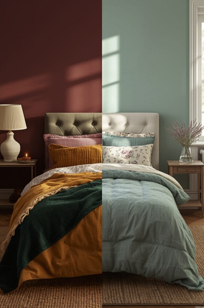Transition saisonnière d'un lit cocooning : hiver avec flanelle bordeaux et laine verte / printemps avec lin lavande et coton floral