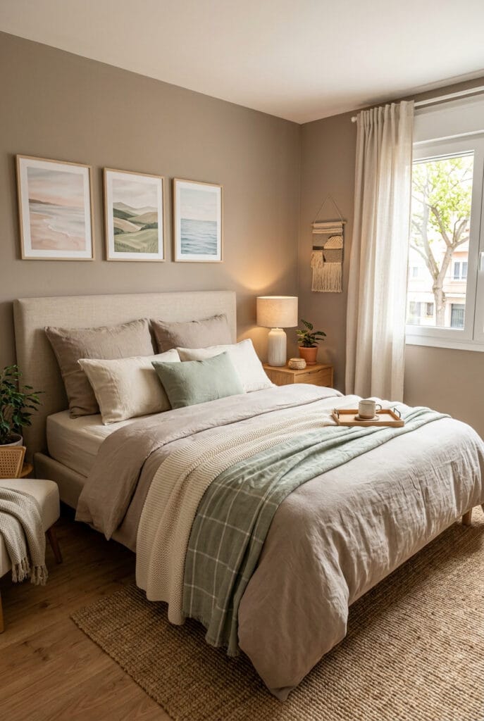 Parure lin lavé lit cocooning teintes apaisantes taupe crème vert sauge harmonie naturelle